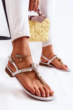 Best Damskie Modne Sandały Japonki Z Ozdobnymi Dżetami Srebrne Bellia Damskie Sandały Płaskie