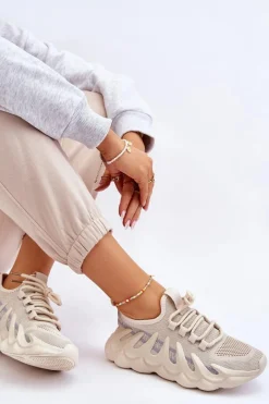 New Boto Damskie Modne Skarpetkowe Sneakersy Beżowe Daxo