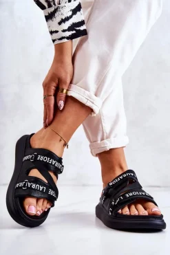 Sale Damskie Modne Skórzane Klapki La.Fi Czarne Menifis Damskie Klapki Damskie Klasyczne