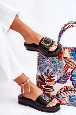 Discount Damskie Modne Skórzane Klapki Czarne Adaline Damskie Klapki Damskie Klasyczne