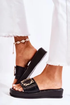 Discount Damskie Modne Skórzane Klapki Czarne Adaline Damskie Klapki Damskie Klasyczne