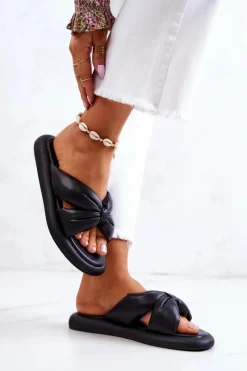 Outlet Damskie Modne Skórzane Klapki Czarne Savirra Damskie Klapki Damskie Klasyczne