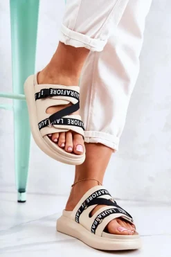 Hot Damskie Modne Skórzane Klapki La.Fi Beżowe Menifis Damskie Klapki Damskie Klasyczne