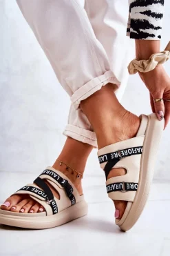 Hot Damskie Modne Skórzane Klapki La.Fi Beżowe Menifis Damskie Klapki Damskie Klasyczne