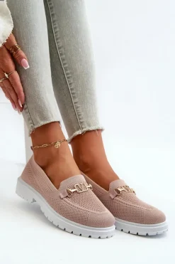 Evento Damskie Mokasyny Na Płaskim Obcasie Ze Złotym Detalem Różowe Limentia