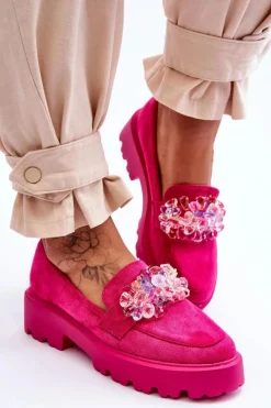 Hot Damskie Mokasyny Na Platformie Z Ozdobami Fuksja Brenda Damskie Mokasyny Na Platformie|Mokasyny Damskie Zamszowe