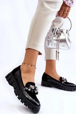 Outlet Damskie Mokasyny Na Platformie 2392 Czarne Damskie Mokasyny Damskie Lakierowane|Mokasyny Na Platformie