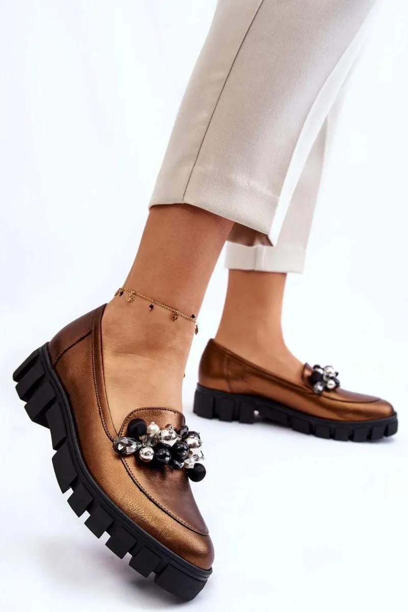 Mokasyny Damskie Skórzane|Mokasyny Na Platformie>Laura Messi Damskie Mokasyny Na Platformie 2392 Ciemnozłote