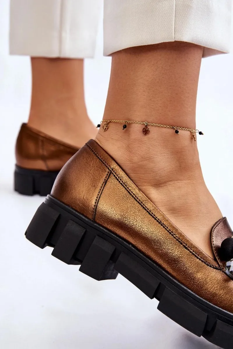 Mokasyny Damskie Skórzane|Mokasyny Na Platformie>Laura Messi Damskie Mokasyny Na Platformie 2392 Ciemnozłote