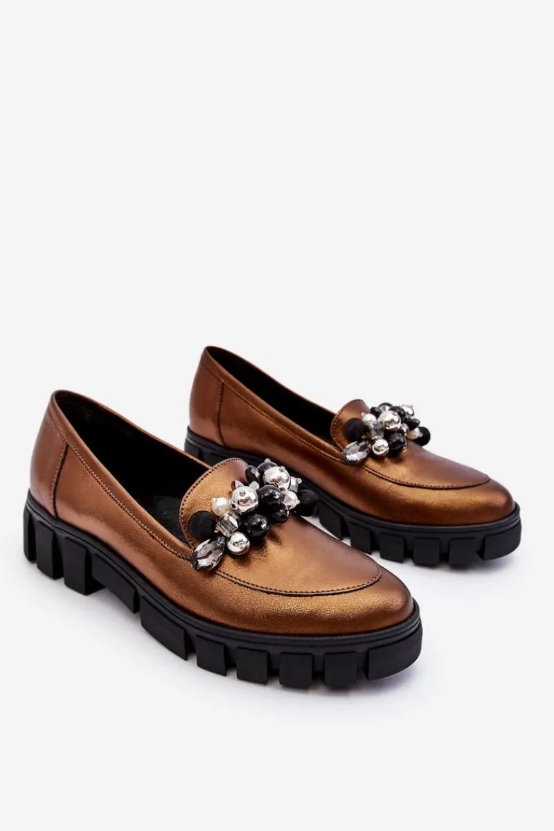 Mokasyny Damskie Skórzane|Mokasyny Na Platformie>Laura Messi Damskie Mokasyny Na Platformie 2392 Ciemnozłote