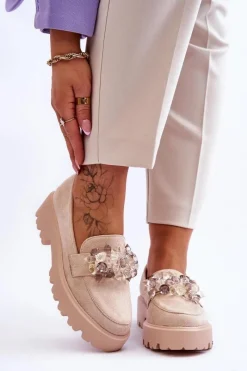Mokasyny Damskie Zamszowe|Mokasyny Na Platformie>Boto Damskie Mokasyny Na Platformie Z Ozdobami Beżowe Brenda