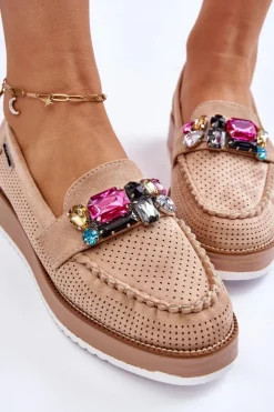 Outlet Damskie Mokasyny Na Platformie Z Ozdobami Beżowe Adelyn Damskie Mokasyny Na Platformie|Mokasyny Damskie Zamszowe