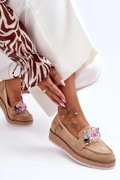 Boto Damskie Mokasyny Na Platformie Z Kamieniami Beżowe Elonore