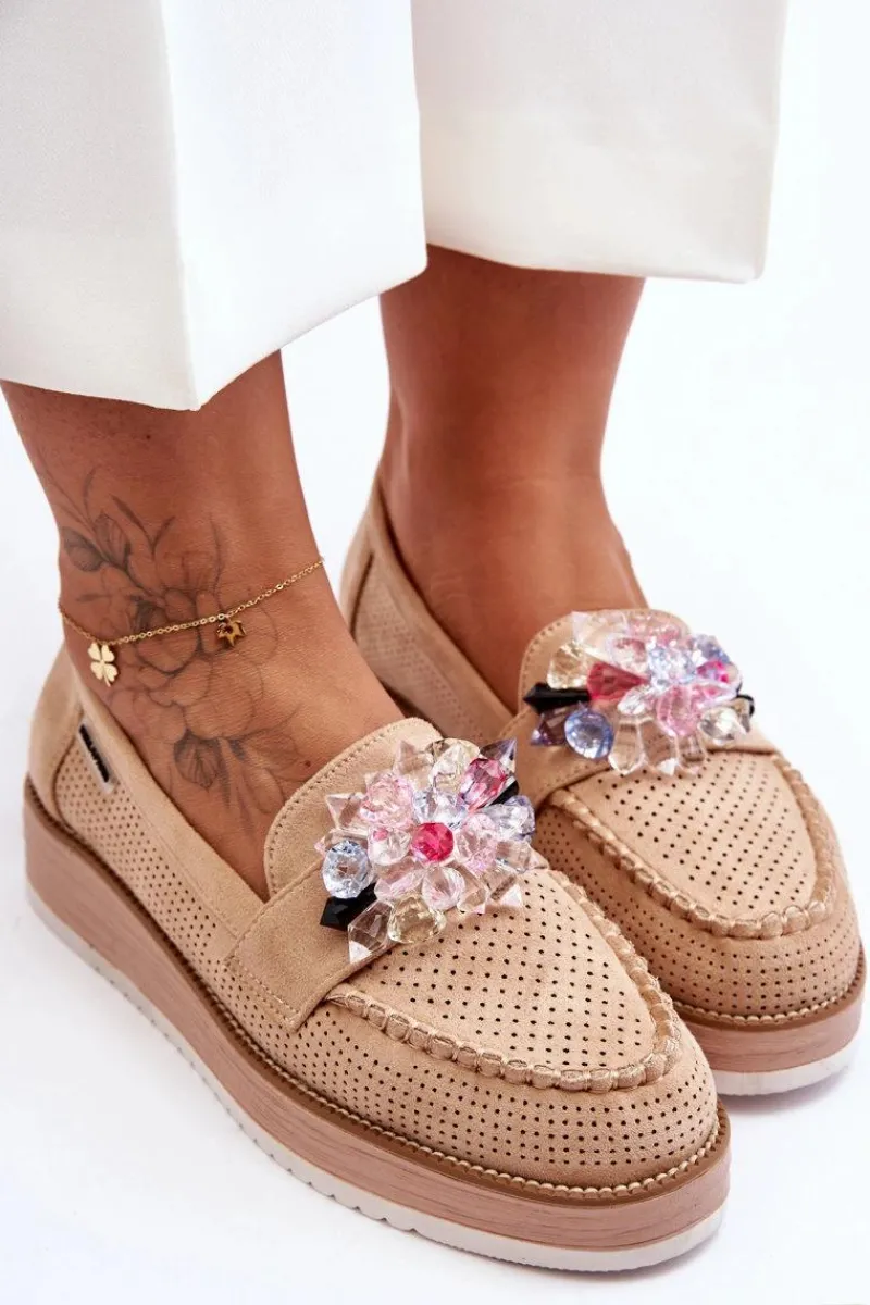 Boto Damskie Mokasyny Na Platformie Z Kamieniami Beżowe Elonore