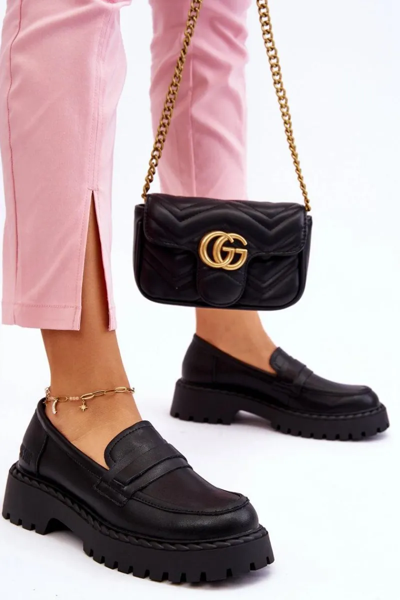 Online Damskie Mokasyny Półbuty Skórzane Big Star LL274458 Czarne Damskie Półbuty Skórzane|Mokasyny Damskie Skórzane