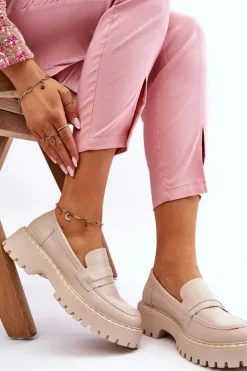 New Big Star Shoes Damskie Mokasyny Półbuty Skórzane Big Star LL274457 Beżowe