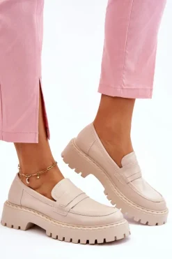 New Big Star Shoes Damskie Mokasyny Półbuty Skórzane Big Star LL274457 Beżowe