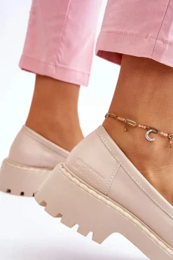 New Big Star Shoes Damskie Mokasyny Półbuty Skórzane Big Star LL274457 Beżowe