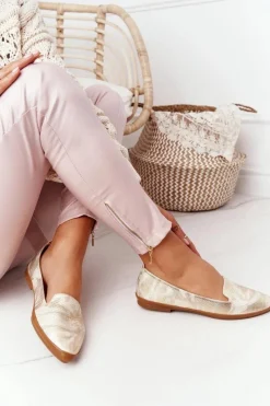 Hot Damskie Mokasyny Sergio Leone MK700 Złote Damskie Mokasyny Damskie Skórzane|Baleriny Klasyczne