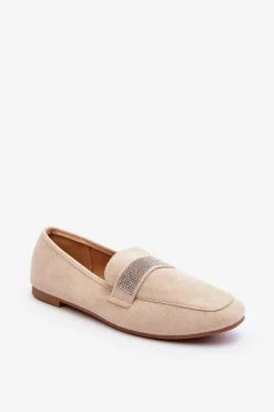 Loafersy Damskie|Mokasyny Damskie Zamszowe>Boto Damskie Mokasyny Z Cyrkoniami Beżowe Ralrika Beżowy
