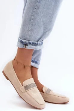 Loafersy Damskie|Mokasyny Damskie Zamszowe>Boto Damskie Mokasyny Z Cyrkoniami Beżowe Ralrika Beżowy