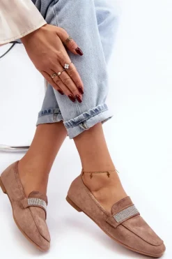 Clearance Boto Damskie Mokasyny Z Cyrkoniami Jasnobrązowe Ralrika Brązowy