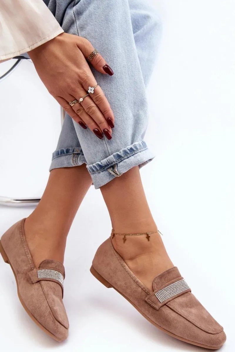 Clearance Boto Damskie Mokasyny Z Cyrkoniami Jasnobrązowe Ralrika Brązowy