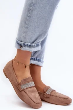 Clearance Boto Damskie Mokasyny Z Cyrkoniami Jasnobrązowe Ralrika Brązowy