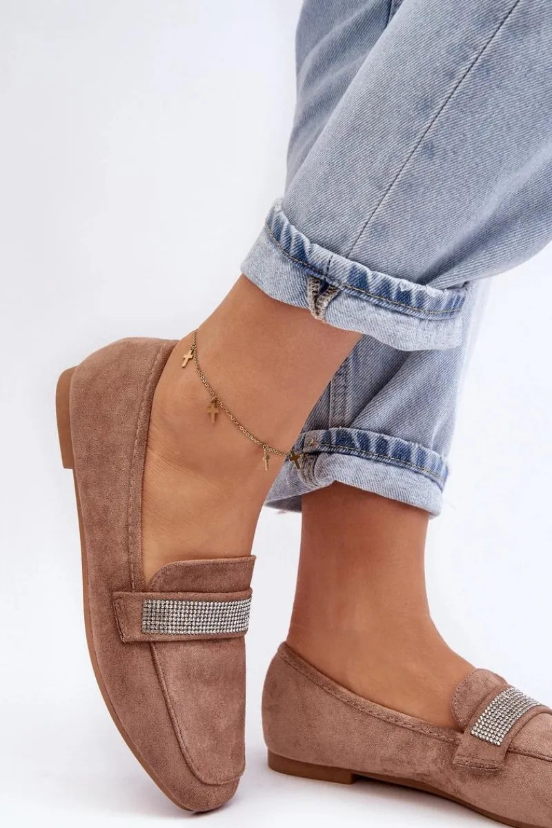 Clearance Boto Damskie Mokasyny Z Cyrkoniami Jasnobrązowe Ralrika Brązowy