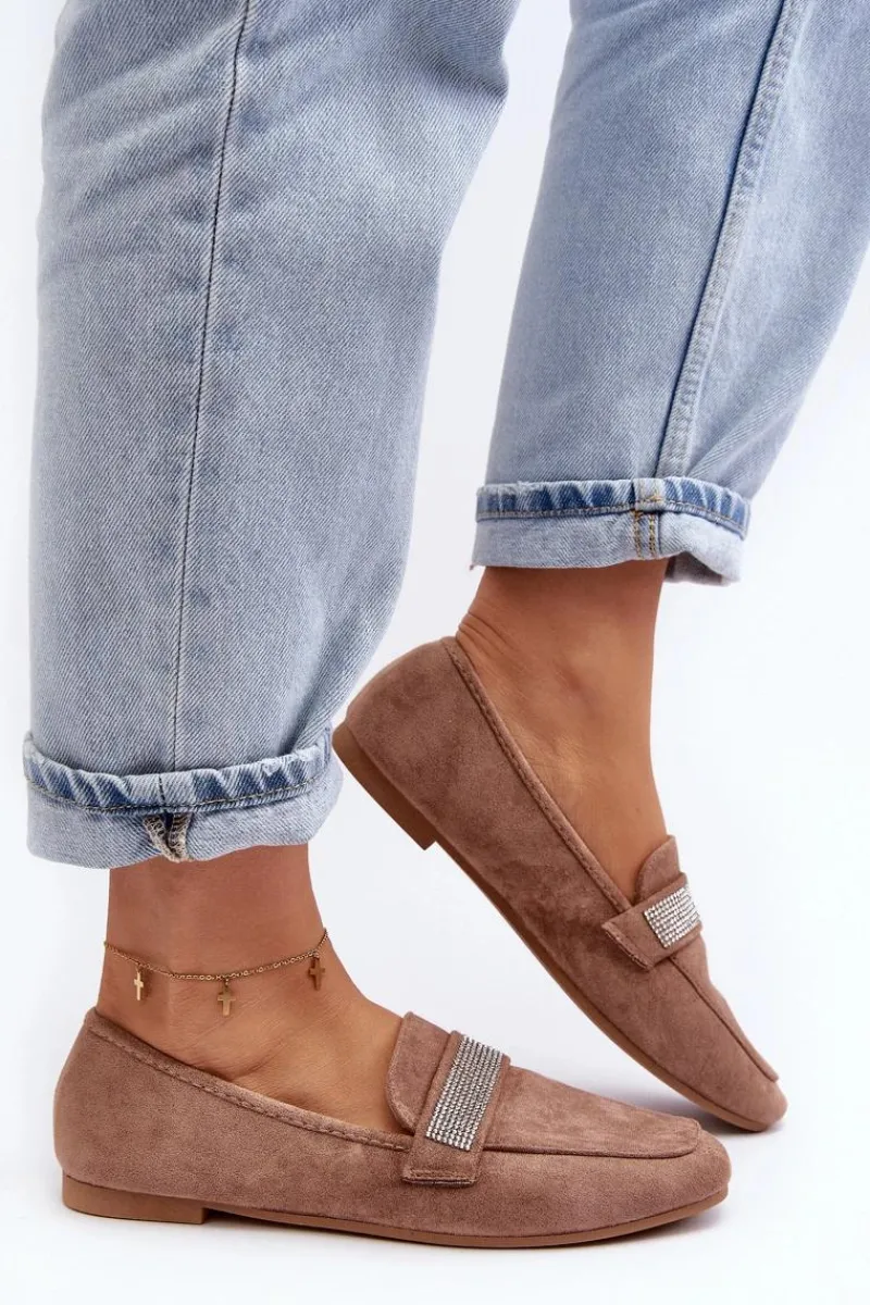 Clearance Boto Damskie Mokasyny Z Cyrkoniami Jasnobrązowe Ralrika Brązowy