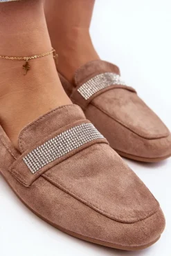 Clearance Boto Damskie Mokasyny Z Cyrkoniami Jasnobrązowe Ralrika Brązowy
