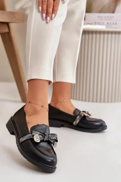 Outlet Damskie Mokasyny Z Kokardą S.Barski HY42-331 Czarne Damskie Loafersy Damskie|Mokasyny Płaskie