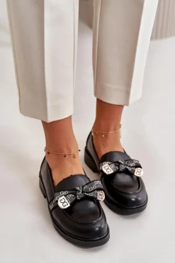 Outlet Damskie Mokasyny Z Kokardą S.Barski HY42-331 Czarne Damskie Loafersy Damskie|Mokasyny Płaskie