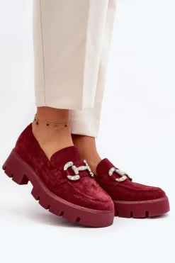 Outlet Boto Damskie Mokasyny Z Ozdobą Bordowe Ellise
