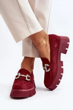 Outlet Boto Damskie Mokasyny Z Ozdobą Bordowe Ellise
