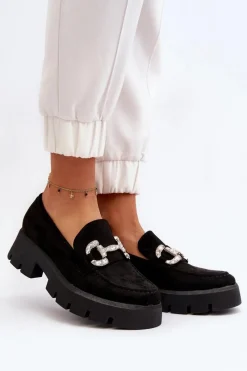 Boto Damskie Mokasyny Z Ozdobą Czarne Ellise