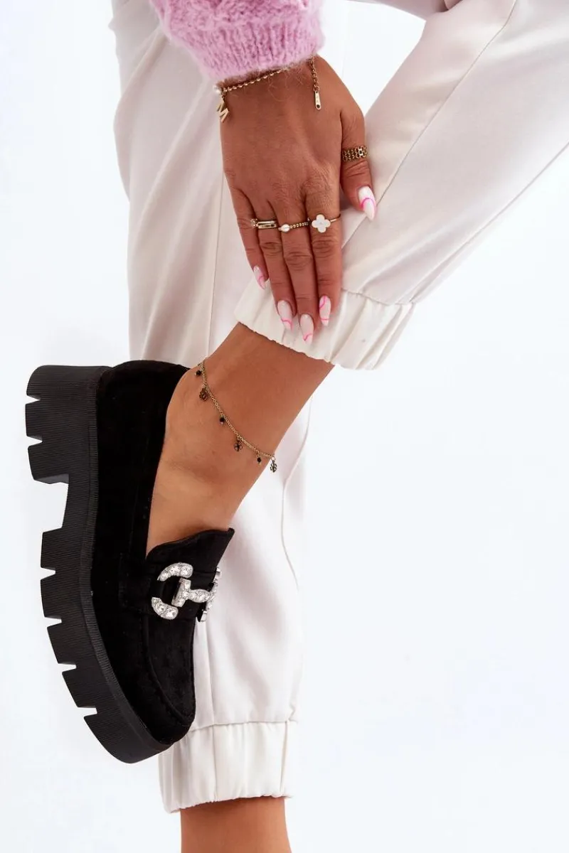 Boto Damskie Mokasyny Z Ozdobą Czarne Ellise