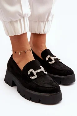 Boto Damskie Mokasyny Z Ozdobą Czarne Ellise