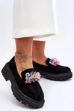 Mokasyny Damskie Skórzane|Mokasyny Na Platformie>Boto Damskie Mokasyny Z Ozdobnymi Kryształami Czarne Avril