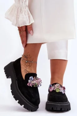 Mokasyny Damskie Skórzane|Mokasyny Na Platformie>Boto Damskie Mokasyny Z Ozdobnymi Kryształami Czarne Avril