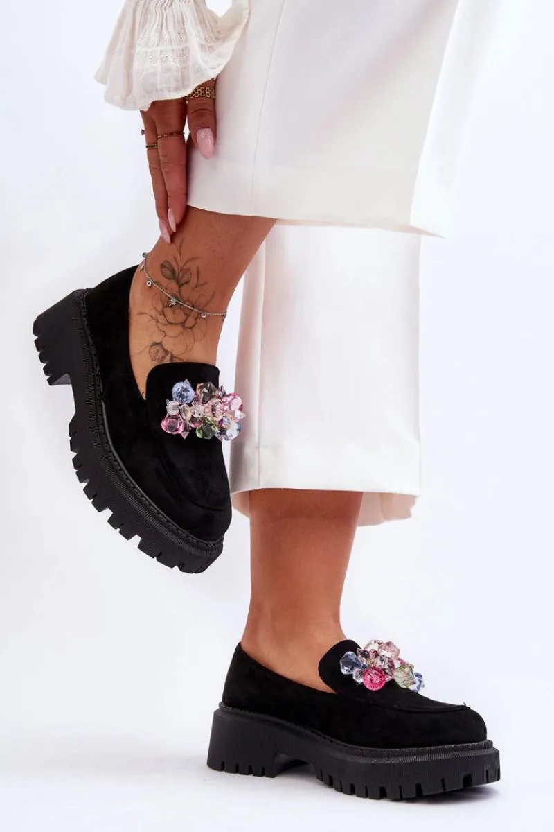 Mokasyny Damskie Skórzane|Mokasyny Na Platformie>Boto Damskie Mokasyny Z Ozdobnymi Kryształami Czarne Avril