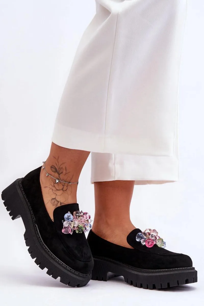 Mokasyny Damskie Skórzane|Mokasyny Na Platformie>Boto Damskie Mokasyny Z Ozdobnymi Kryształami Czarne Avril