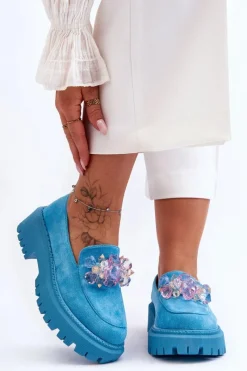 Mokasyny Damskie Skórzane|Mokasyny Na Platformie>Boto Damskie Mokasyny Z Ozdobnymi Kryształami Niebieskie Avril