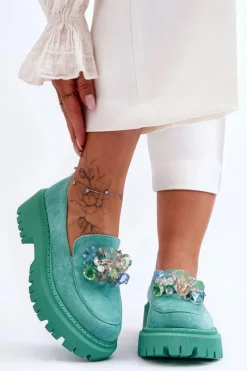 Mokasyny Damskie Skórzane|Mokasyny Na Platformie>Boto Damskie Mokasyny Z Ozdobnymi Kryształami Zielone Avril