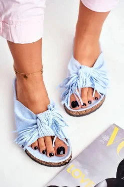 Damskie Niebieskie Klapki Na Korku Frędzle Marina Damskie Klapki Korkowe|Klapki Damskie Klasyczne