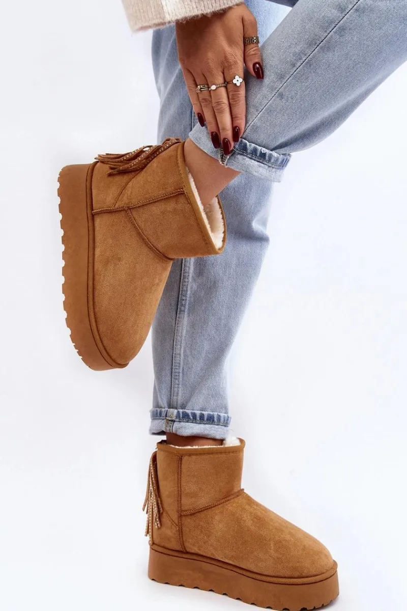 Śniegowce Damskie>Boto Damskie Śniegowce Na Masywnej Platformie Z Frędzlami Camel Lirico