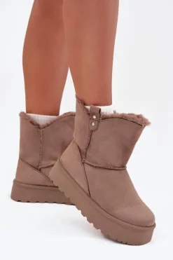 Śniegowce Damskie>Boto Damskie Śniegowce Na Platformie Z Futerkiem Ciemnobeżowe Evelira Beżowy