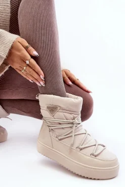 Sale Damskie Śniegowce Na Platformie Z Wiązaniem Beżowe Fleure Damskie Śniegowce Damskie