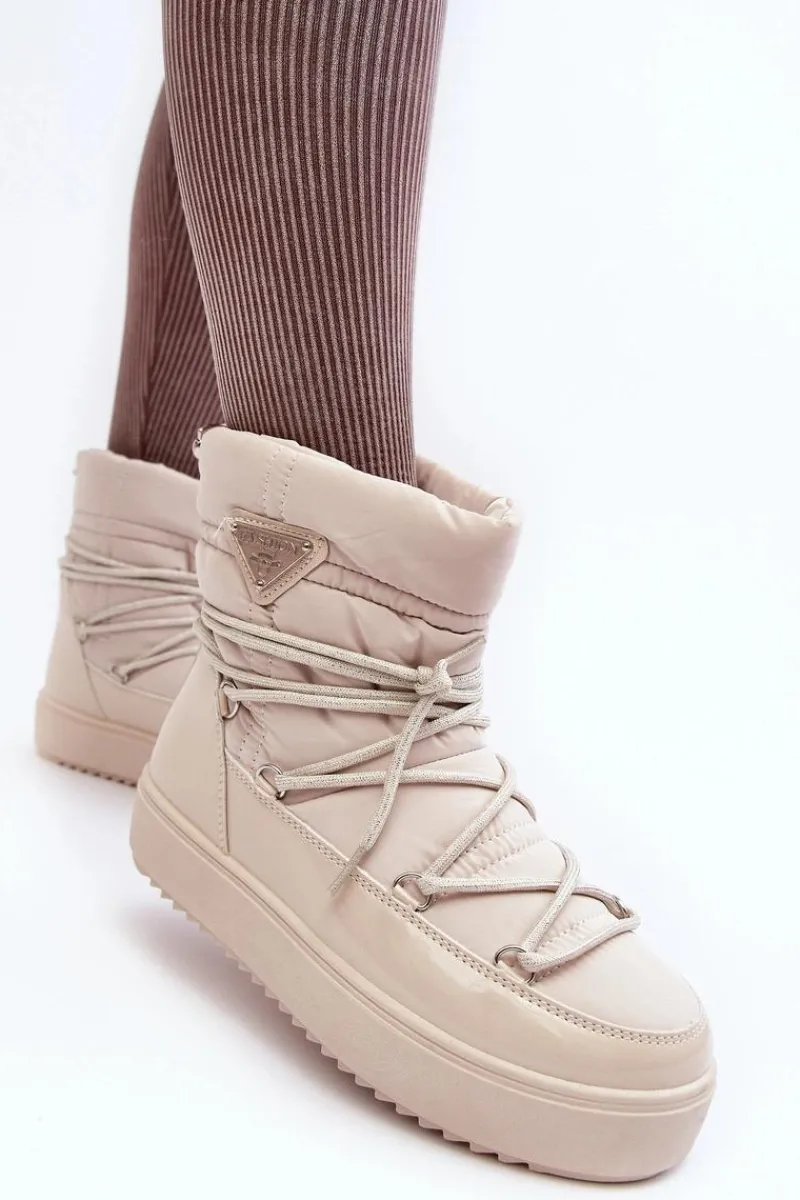 Sale Damskie Śniegowce Na Platformie Z Wiązaniem Beżowe Fleure Damskie Śniegowce Damskie