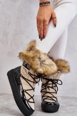 Best Damskie Śniegowce Sznurowane Beżowo-Czarne Santero Damskie Śniegowce Damskie